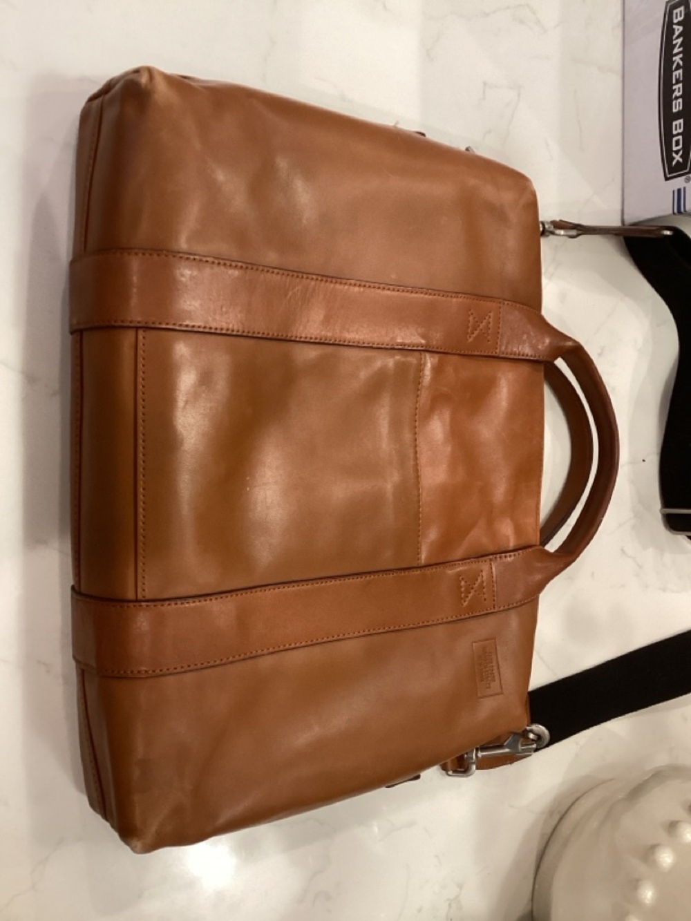 Jack Spade Tan Leather Laptop Briefcase with Black Strap - Picture 3 of 4